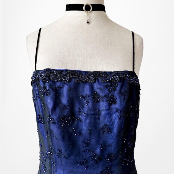 Vintage Blue Black Mesh Velvet Beaded Flared Maxi Prom Dress Size M - Picture 5 of 13